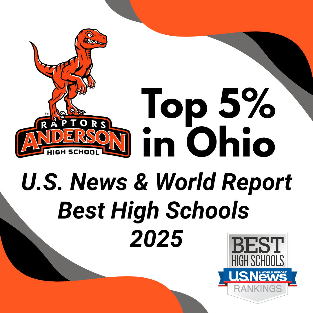 Anderson high school logo and U.S. News logo that says "top 5% in Ohio - U.S. News & World Report Best High Schools 2025"